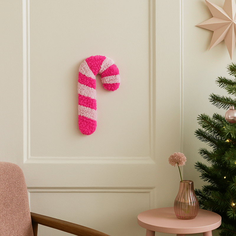 Et tufted julepynt i pink og lyserøde striber hænger på en lys dør. Ved siden af står et lille lyserødt bord med en vase og blomst, og kanten af et juletræ med pynt er synlig. Lyset er blødt og naturligt, og farverne matcher stokke­ns pink nuancer.